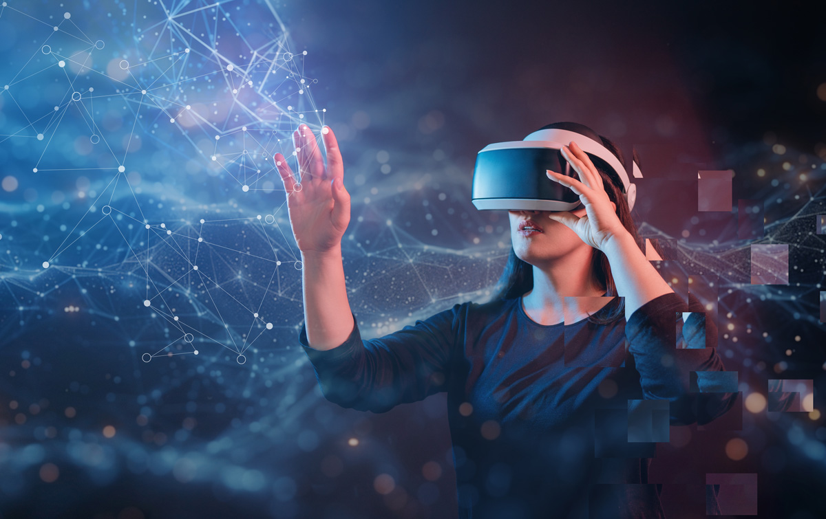 Woman wearing a VR headset interacting with a digital network